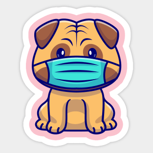 Cute Pug Dog Sitting And Wearing Mask Cartoon Sticker